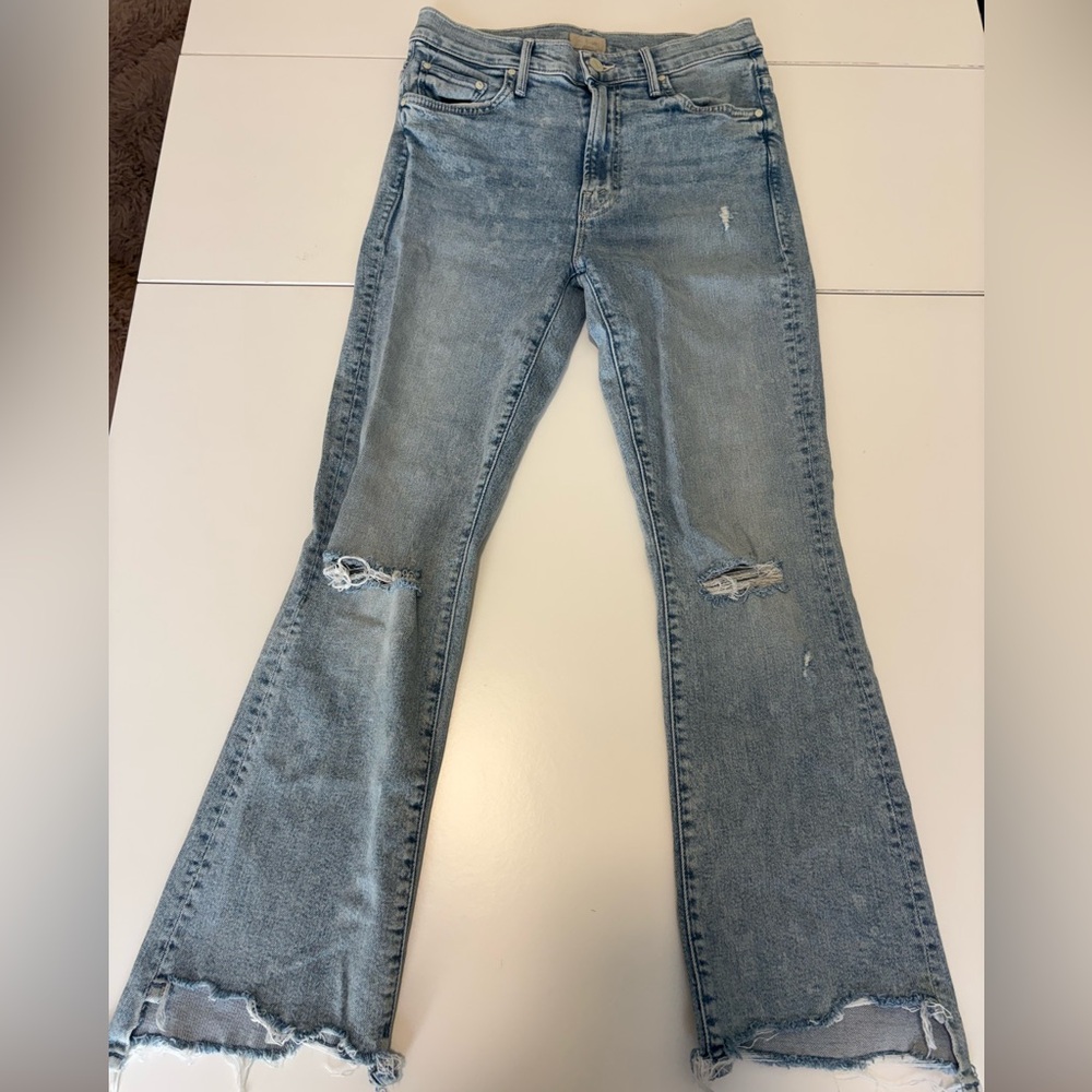 MOTHER The Insider Crop Step Chew Denim Jeans Drinking By The Pool Blue Size 27